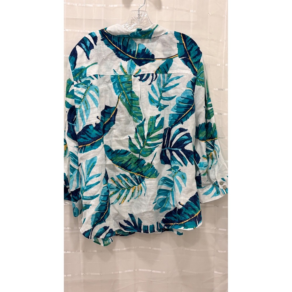 Chico's 100% Linen Tropical Leaf Print Button Down Shirt White Teal Blue Size 2 - Picture 2 of 8
